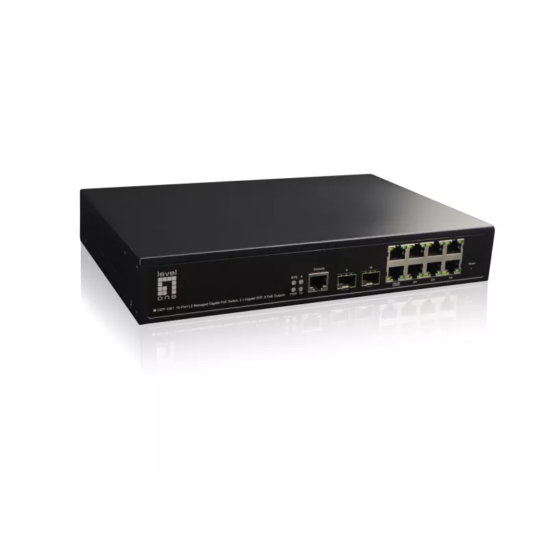 LevelOne KILBY 10 prievadų L2 valdomas gigabitinis PoE komutatorius, 2 x SFP, 802.3at/af PoE, 125 W, 8 PoE išėjimai