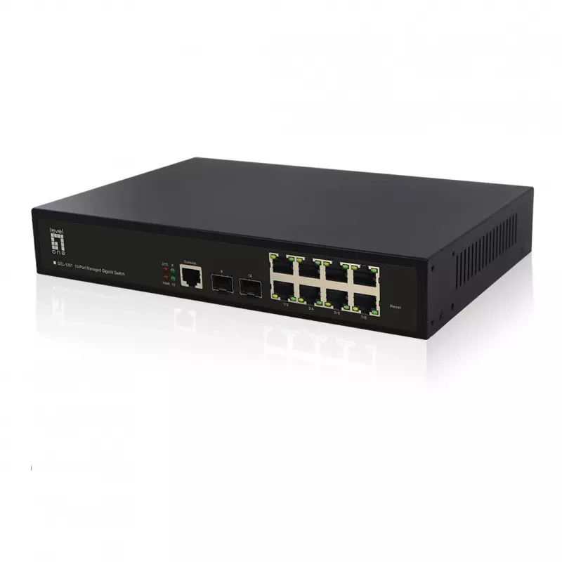 LevelOne KILBY 10 prievadų L2 valdomas gigabitinis komutatorius, 2 x SFP, valdomas, L2, Gigabit Ethernet (10/100/1000), montavimas į stovą
