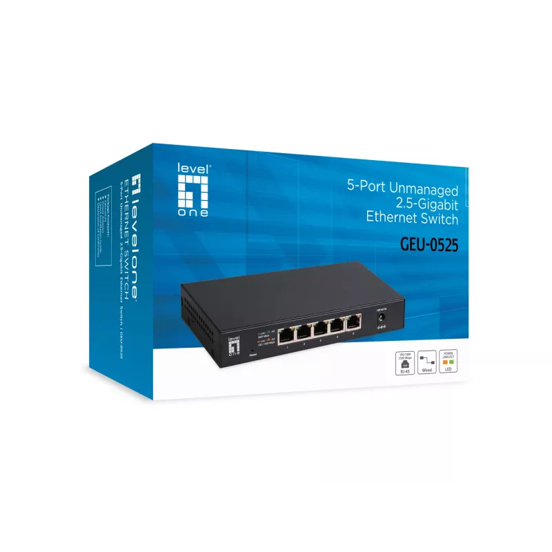 5 prievadų nevaldomas 2,5G eterneto komutatorius LEVELONE GEU-0525 — 5× 2,5G RJ-45, nevaldomas, 25 Gbit/s komutavimo pajėgumas, tvirtinamas prie sienos