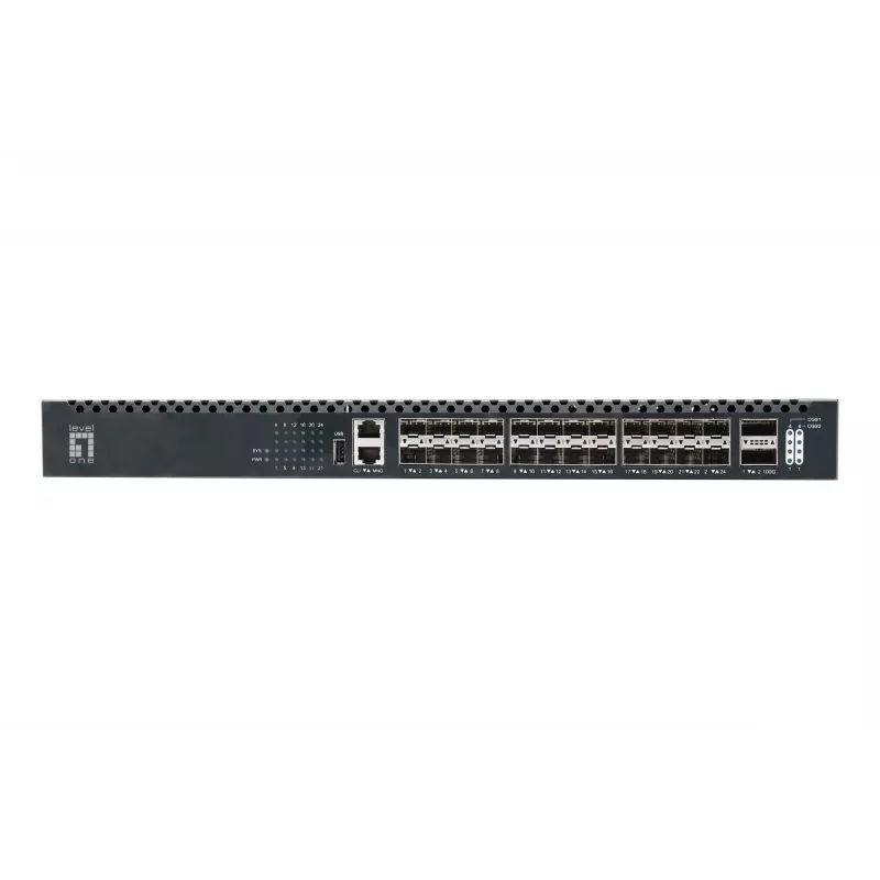 LevelOne 26 prievadų L3 valdomas TOR šviesolaidinis komutatorius, 24x 1/10GbE SFP+, 2x 40/100GbE QSFP28, karštai keičiamas perteklinis maitinimo šaltinis