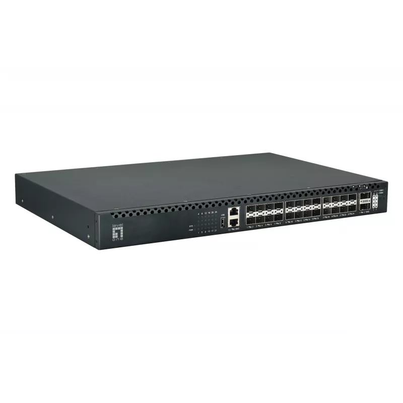 LevelOne 26 prievadų L3 valdomas TOR šviesolaidinis komutatorius, 24x 1/10GbE SFP+, 2x 40/100GbE QSFP28, karštai keičiamas perteklinis maitinimo šaltinis
