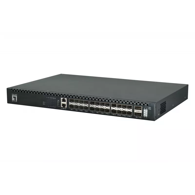 LevelOne 26 prievadų L3 valdomas TOR šviesolaidinis komutatorius, 24x 1/10GbE SFP+, 2x 40/100GbE QSFP28, karštai keičiamas perteklinis maitinimo šaltinis