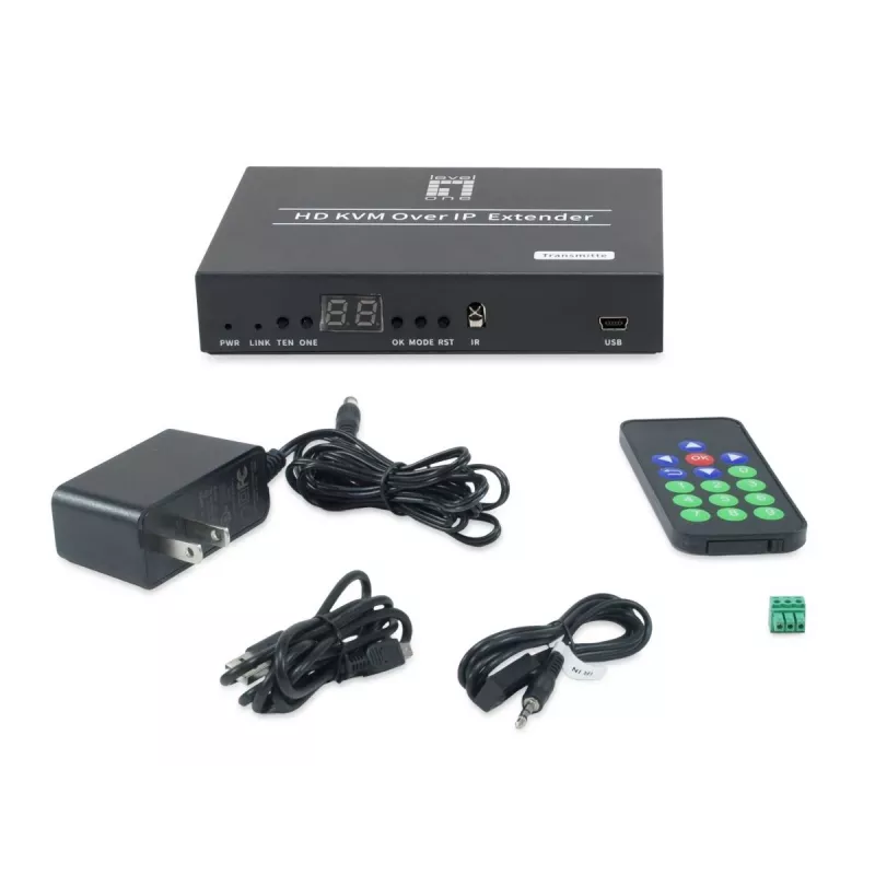 AV siųstuvas LEVELONE HVE-6701T — HDMI 1.3b, iki 1920×1080, Cat5e/Cat6/Cat7, Mini‑USB, 12V DC