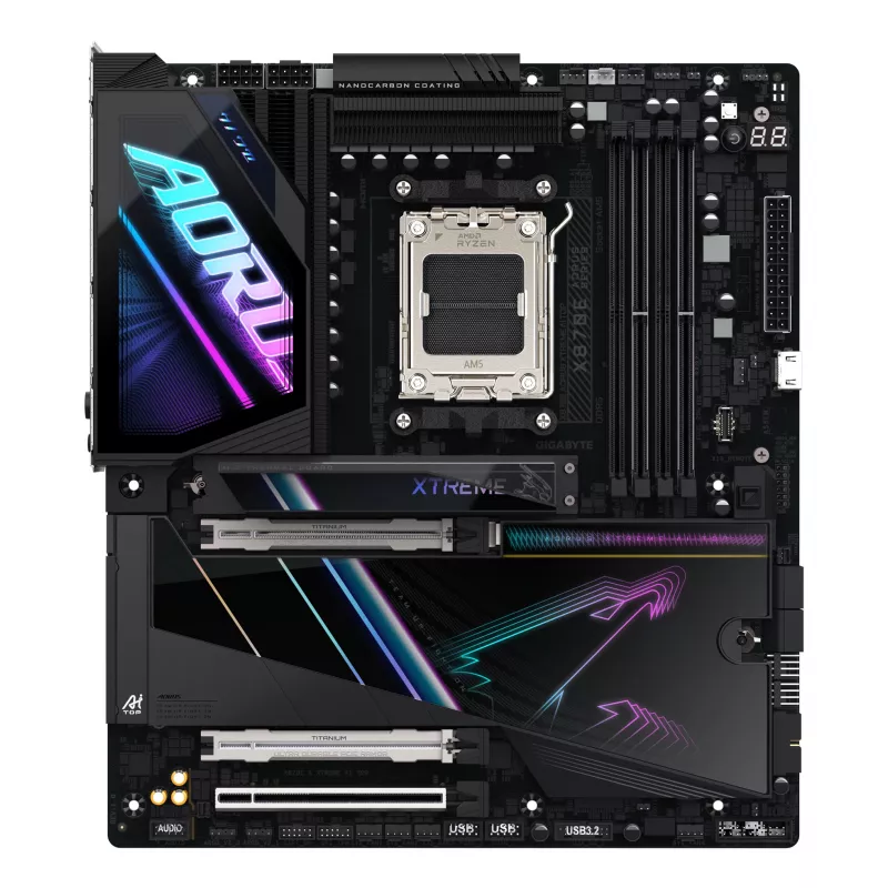 GIGABYTE X870E AORUS XTREME AI TOP pagrindinė plokštė – palaiko AMD Ryzen 9000 serijos procesorius, 18+2+2 fazių VRM, iki 8800MHz DDR5 (OC), 1xPCIe 5.0 M.2 + 3xPCIe 4.0 M.2, WI-FI 7, 10GbE LAN, USB 4