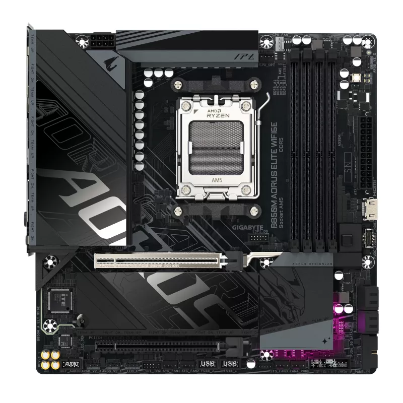 GIGABYTE B850M AORUS ELITE WIFI6E Motininė plokštė – AMD Ryzen 9000 serijos procesoriams, 12+2+2 fazių skaitmeninis VRM, iki 8200MHz DDR5 (OC), 1xPCIe 5.0 + 1xPCIe 4.0 M.2, WIFI 6E, 2.5GbE LAN, USB 3.2 Gen 2