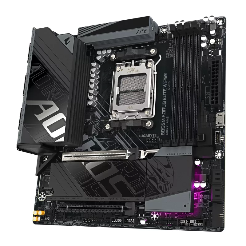 GIGABYTE B850M AORUS ELITE WIFI6E Motininė plokštė – AMD Ryzen 9000 serijos procesoriams, 12+2+2 fazių skaitmeninis VRM, iki 8200MHz DDR5 (OC), 1xPCIe 5.0 + 1xPCIe 4.0 M.2, WIFI 6E, 2.5GbE LAN, USB 3.2 Gen 2