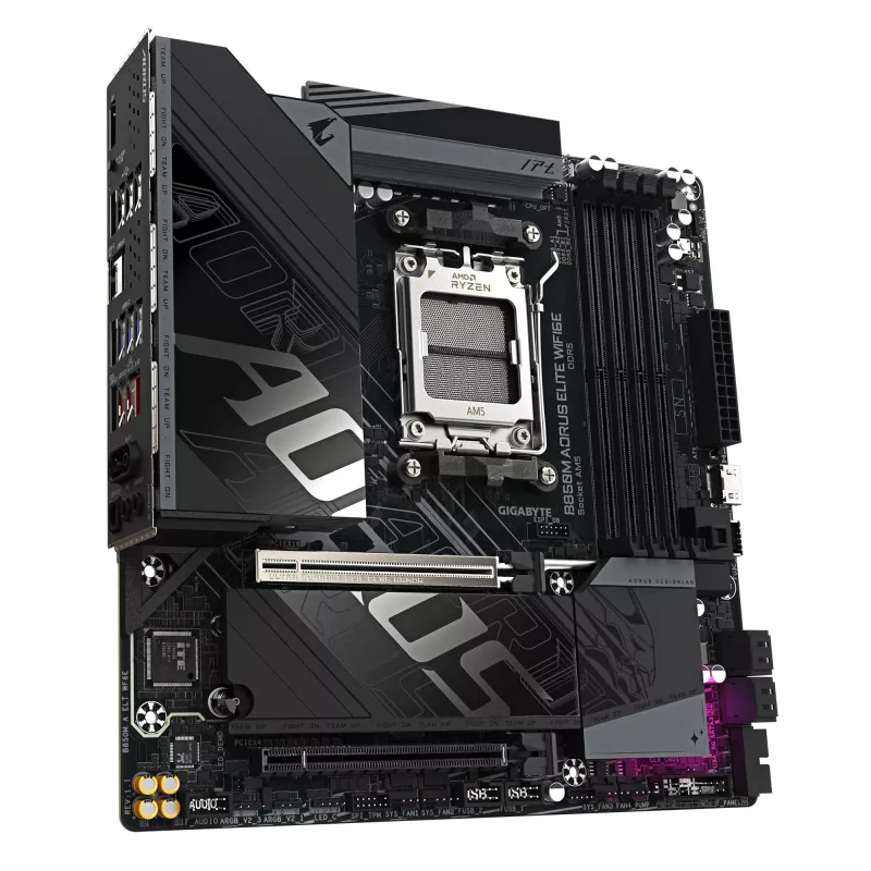 GIGABYTE B850M AORUS ELITE WIFI6E Motininė plokštė – AMD Ryzen 9000 serijos procesoriams, 12+2+2 fazių skaitmeninis VRM, iki 8200MHz DDR5 (OC), 1xPCIe 5.0 + 1xPCIe 4.0 M.2, WIFI 6E, 2.5GbE LAN, USB 3.2 Gen 2