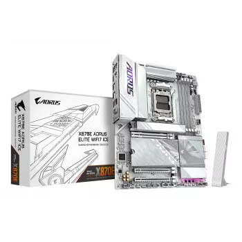 GIGABYTE X870E AORUS ELITE WIFI7 ICE Motininė plokštė - Palaiko AMD Ryzen 9000 procesorius, 16+2+2 fazių skaitmeninis VRM, iki 8200Hz DDR5 (OC), 3xPCIe 5.0 + 1xPCIe 4.0, Wi-Fi 7, 2.5GbE LAN, USB 4