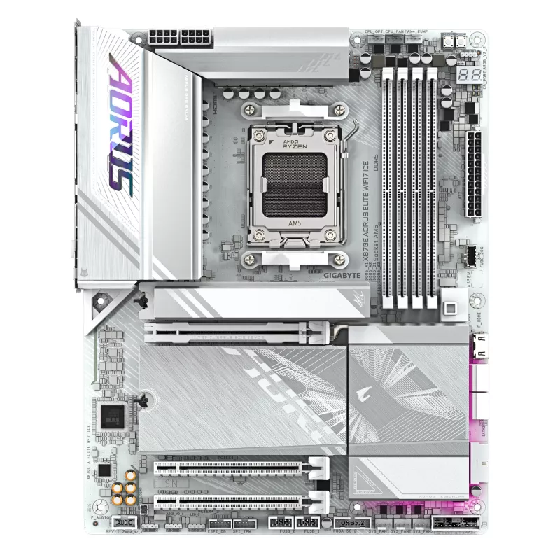 GIGABYTE X870E AORUS ELITE WIFI7 ICE Motininė plokštė - Palaiko AMD Ryzen 9000 procesorius, 16+2+2 fazių skaitmeninis VRM, iki 8200Hz DDR5 (OC), 3xPCIe 5.0 + 1xPCIe 4.0, Wi-Fi 7, 2.5GbE LAN, USB 4