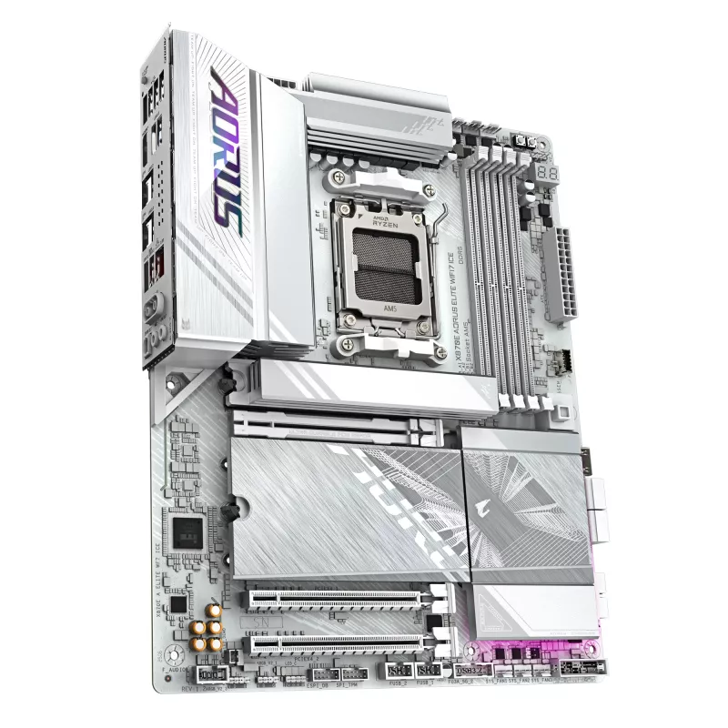GIGABYTE X870E AORUS ELITE WIFI7 ICE Motininė plokštė - Palaiko AMD Ryzen 9000 procesorius, 16+2+2 fazių skaitmeninis VRM, iki 8200Hz DDR5 (OC), 3xPCIe 5.0 + 1xPCIe 4.0, Wi-Fi 7, 2.5GbE LAN, USB 4