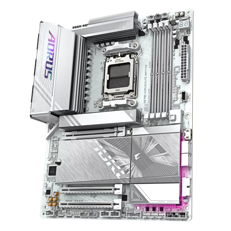 GIGABYTE X870E AORUS ELITE WIFI7 ICE Motininė plokštė - Palaiko AMD Ryzen 9000 procesorius, 16+2+2 fazių skaitmeninis VRM, iki 8200Hz DDR5 (OC), 3xPCIe 5.0 + 1xPCIe 4.0, Wi-Fi 7, 2.5GbE LAN, USB 4