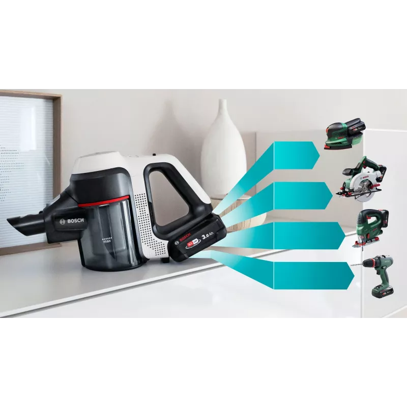 Bosch BSS711W belaidis dulkių siurblys / elektrinė šluota Baterija Sausas valymas Be maišelio 0,3 l Juoda, Sidabrinė, Balta
