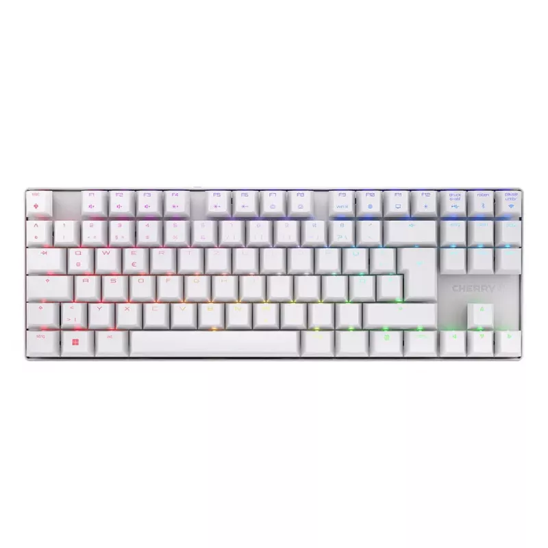 CHERRY MX 8.2 TKL Wireless RGB klaviatūra, skirta žaidimams, USB + RF belaidis + Bluetooth, QWERTZ, vokiška, balta