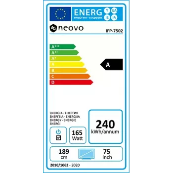 AG Neovo IFP-7502 Interaktyvus plokščias ekranas 189,2 cm (74,5 col.) LCD Wi-Fi 350 cd/m² 4K Ultra HD Juoda Jutiklinis ekranas Integruotas procesorius Android 8.0