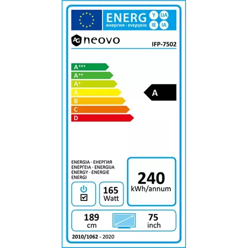 AG Neovo IFP-7502 Interaktyvus plokščias ekranas 189,2 cm (74,5 col.) LCD Wi-Fi 350 cd/m² 4K Ultra HD Juoda Jutiklinis ekranas Integruotas procesorius Android 8.0