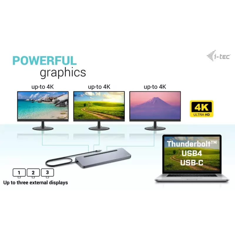 i-tec USB-C Metalinė ergonominė 3x 4K ekrano prijungimo stotelė + 100 W maitinimo tiekimas
