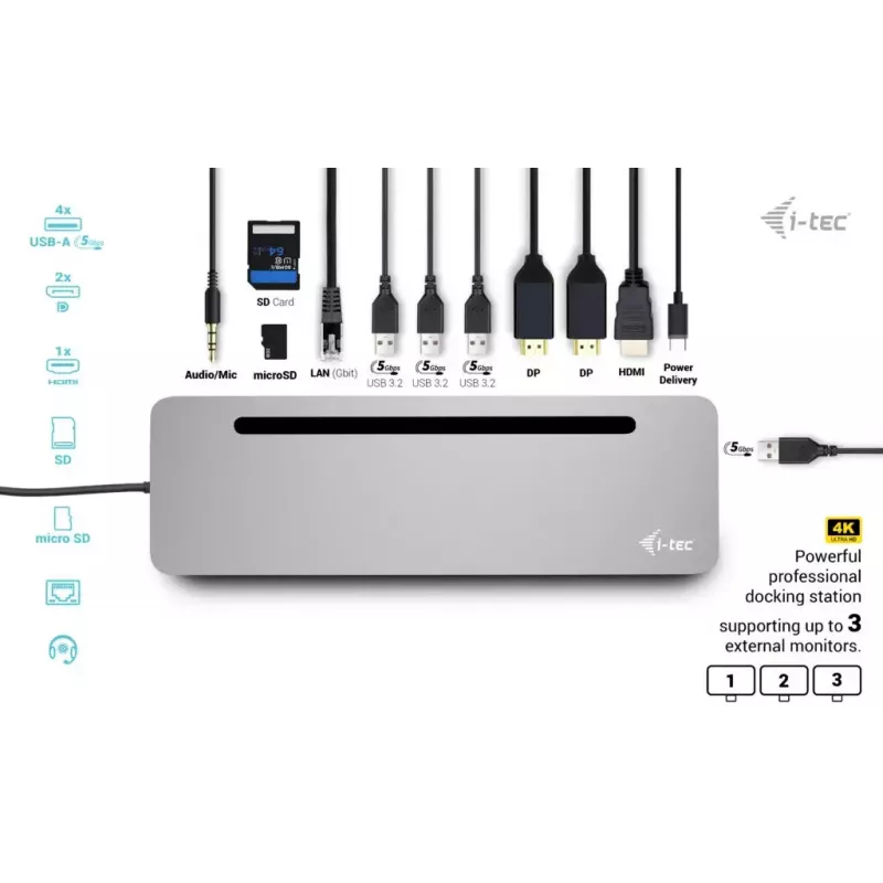 i-tec USB-C Metalinė ergonominė 3x 4K ekrano prijungimo stotelė + 100 W maitinimo tiekimas