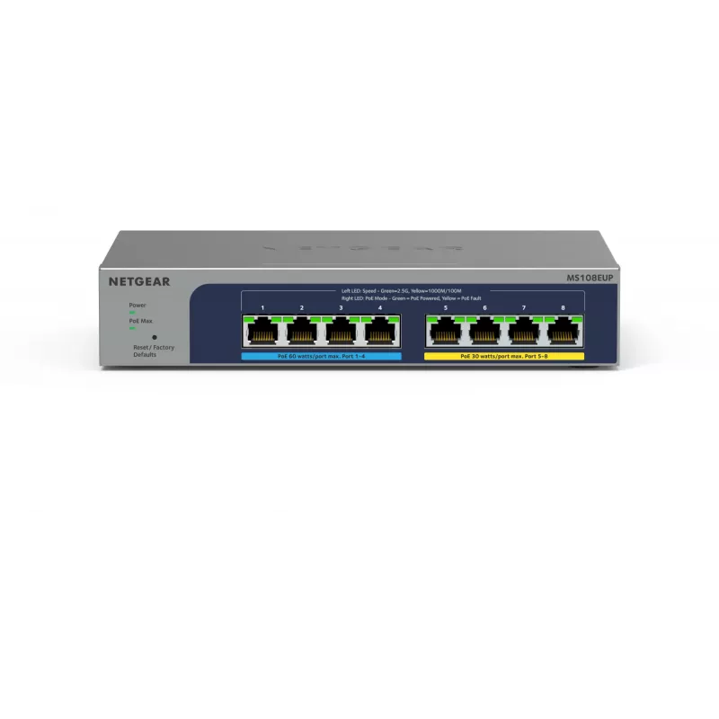 NETGEAR 8 prievadų Ultra60 PoE++ Multi-Gigabit (2.5G) Ethernet Plus komutatorius, valdomas, L2/L3, 2.5G Ethernet (100/1000/2500), pilnas dvipusis ryšys, maitinimas per Ethernet (PoE)