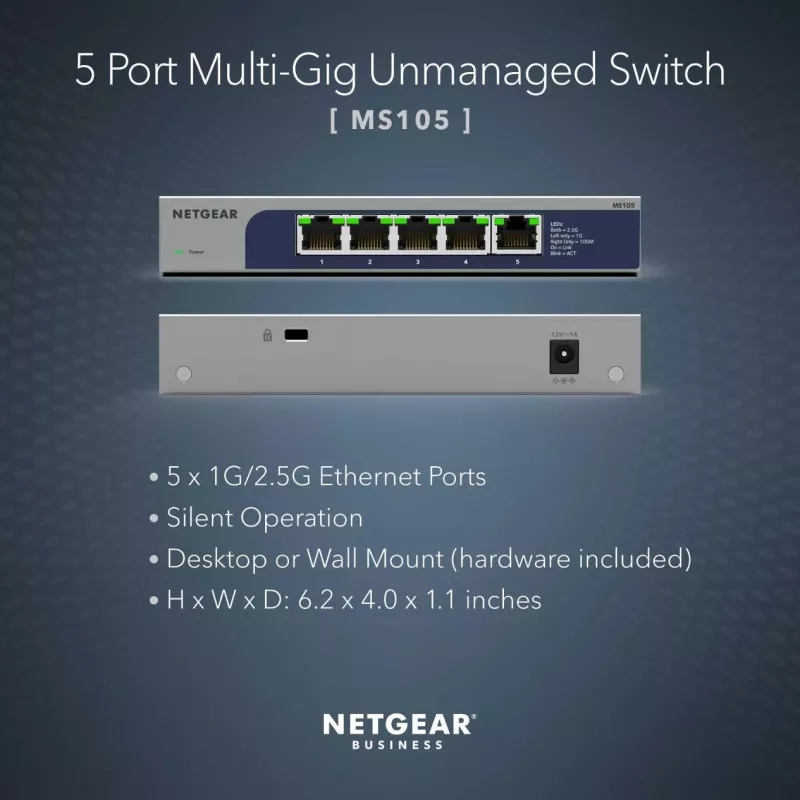 NETGEAR MS105-100EUS tinklo komutatorius Nevaldomas 2.5G Ethernet (100/1000/2500) Power over Ethernet (PoE) 1U