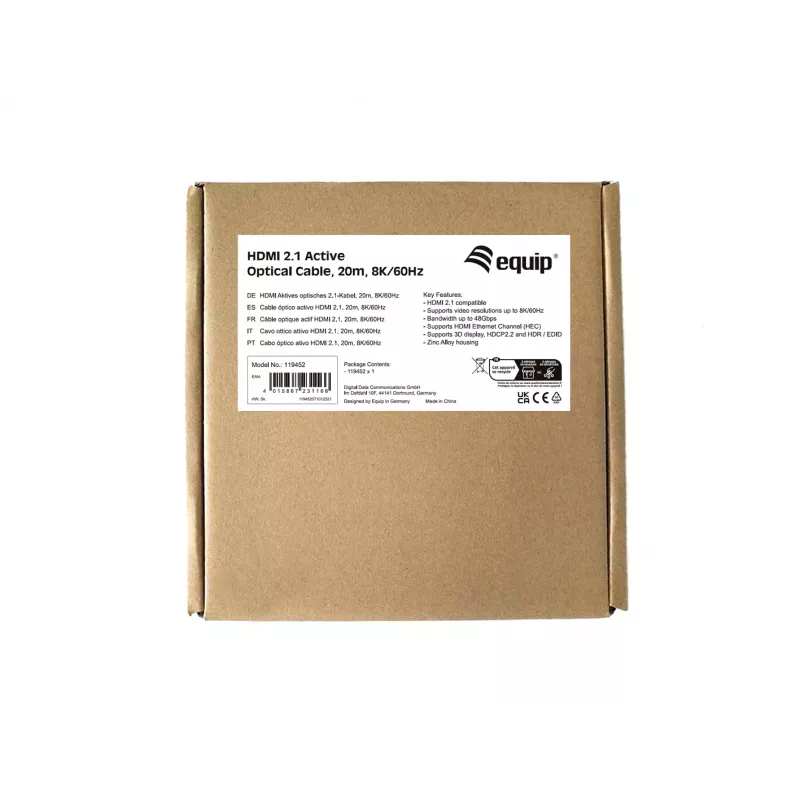 Equip HDMI 2.1 Active Optical kabelis, 20m, 8K/60Hz, 20 m, HDMI Type A (Standard), HDMI Type A (Standard), 3D, Audio Return Channel (ARC), Juoda