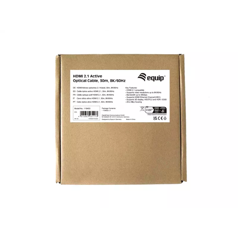 Equip HDMI 2.1 Active Optical kabelis, 30m, 8K/60Hz, 30 m, HDMI Type A (Standard), HDMI Type A (Standard), 3D, Audio Return Channel (ARC), Juoda