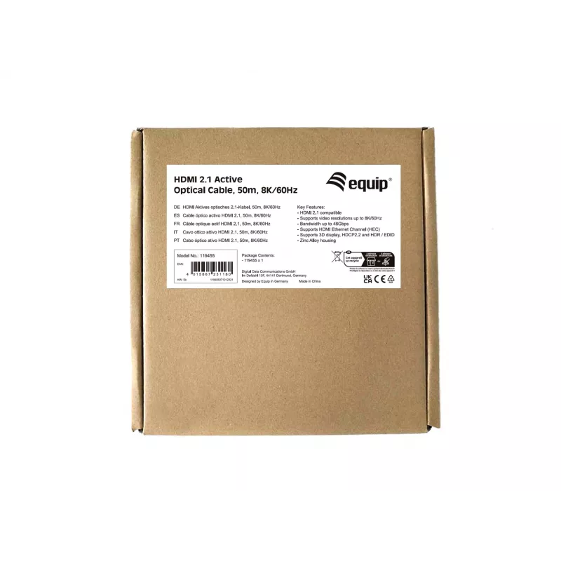 Equip HDMI 2.1 Active Optical kabelis, 50m, 8K/60Hz, 50 m, HDMI Type A (Standard), HDMI Type A (Standard), 3D, Audio Return Channel (ARC), juoda