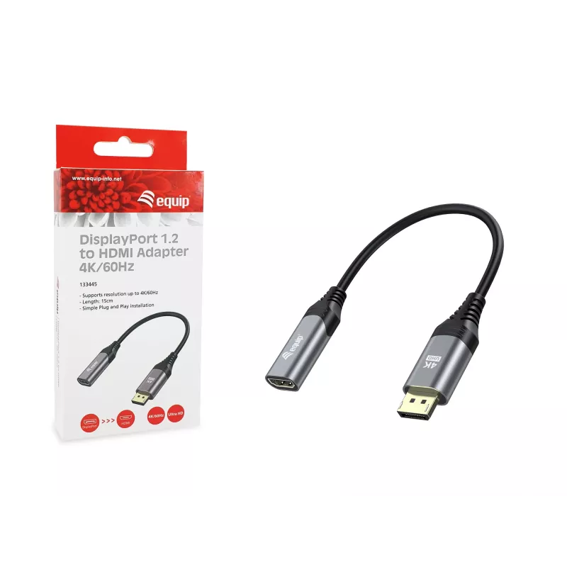 Equip DisplayPort 1.2 į HDMI adapteris, 4K/60 Hz, 0,15 m, DisplayPort, HDMI, kištukas, lizdas, tiesus