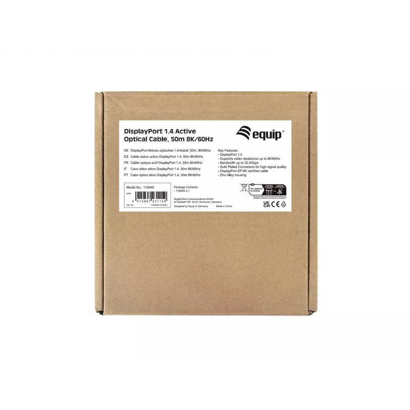 Equip DisplayPort 1.4 aktyvus optinis kabelis, 50 m, 8K/60 Hz, 50 m, DisplayPort, DisplayPort, vyriškas, vyriškas, 7680 x 4320 pikselių