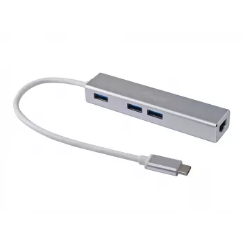 Equip USB-C į 3 prievadų USB 3.0 šakotuvas su Gigabit adapteriu, USB 3.2 Gen 1 (3.1 Gen 1) Type-C, sidabrinis, USB 3.2 Gen 1 (3.1 Gen 1) Type-A, WLAN, aliuminis, 22 mm, 15 mm