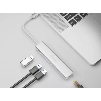 Equip USB-C į 3 prievadų USB 3.0 šakotuvas su Gigabit adapteriu, USB 3.2 Gen 1 (3.1 Gen 1) Type-C, sidabrinis, USB 3.2 Gen 1 (3.1 Gen 1) Type-A, WLAN, aliuminis, 22 mm, 15 mm