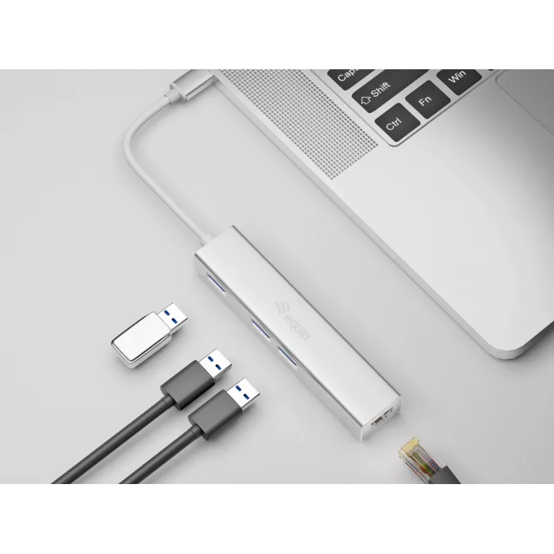 Equip USB-C į 3 prievadų USB 3.0 šakotuvas su Gigabit adapteriu, USB 3.2 Gen 1 (3.1 Gen 1) Type-C, sidabrinis, USB 3.2 Gen 1 (3.1 Gen 1) Type-A, WLAN, aliuminis, 22 mm, 15 mm