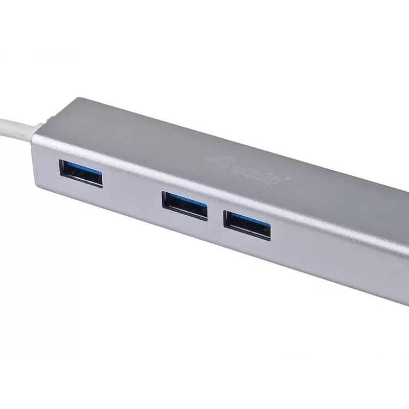 Equip USB-C į 3 prievadų USB 3.0 šakotuvas su Gigabit adapteriu, USB 3.2 Gen 1 (3.1 Gen 1) Type-C, sidabrinis, USB 3.2 Gen 1 (3.1 Gen 1) Type-A, WLAN, aliuminis, 22 mm, 15 mm