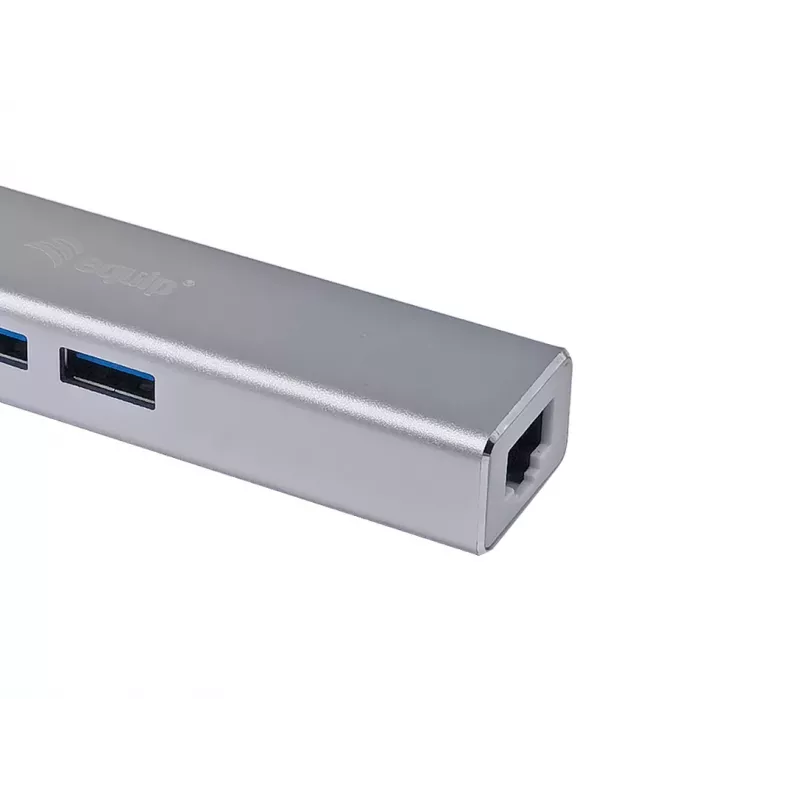 Equip USB-C į 3 prievadų USB 3.0 šakotuvas su Gigabit adapteriu, USB 3.2 Gen 1 (3.1 Gen 1) Type-C, sidabrinis, USB 3.2 Gen 1 (3.1 Gen 1) Type-A, WLAN, aliuminis, 22 mm, 15 mm