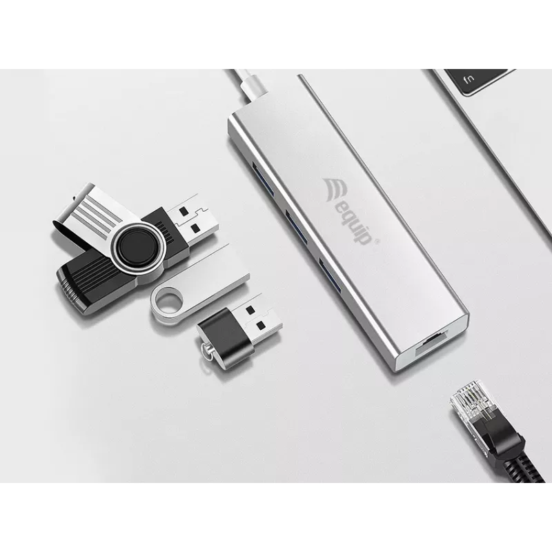 Equip USB-C į 3 prievadų USB 3.0 šakotuvas su Gigabit adapteriu, USB 3.2 Gen 1 (3.1 Gen 1) Type-C, sidabrinis, USB 3.2 Gen 1 (3.1 Gen 1) Type-A, WLAN, aliuminis, 22 mm, 15 mm