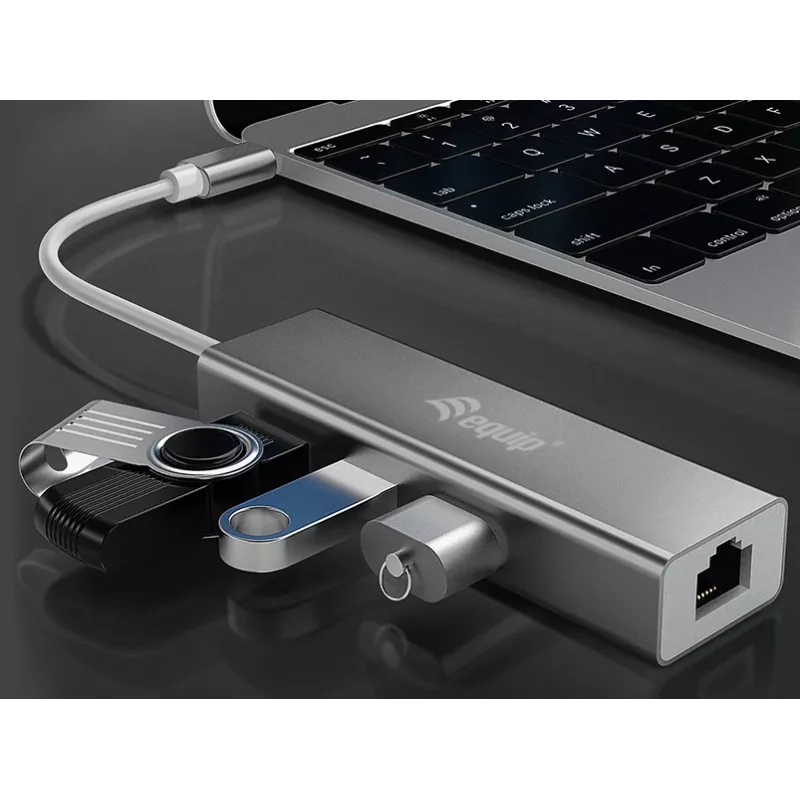 Equip USB-C į 3 prievadų USB 3.0 šakotuvas su Gigabit adapteriu, USB 3.2 Gen 1 (3.1 Gen 1) Type-C, sidabrinis, USB 3.2 Gen 1 (3.1 Gen 1) Type-A, WLAN, aliuminis, 22 mm, 15 mm