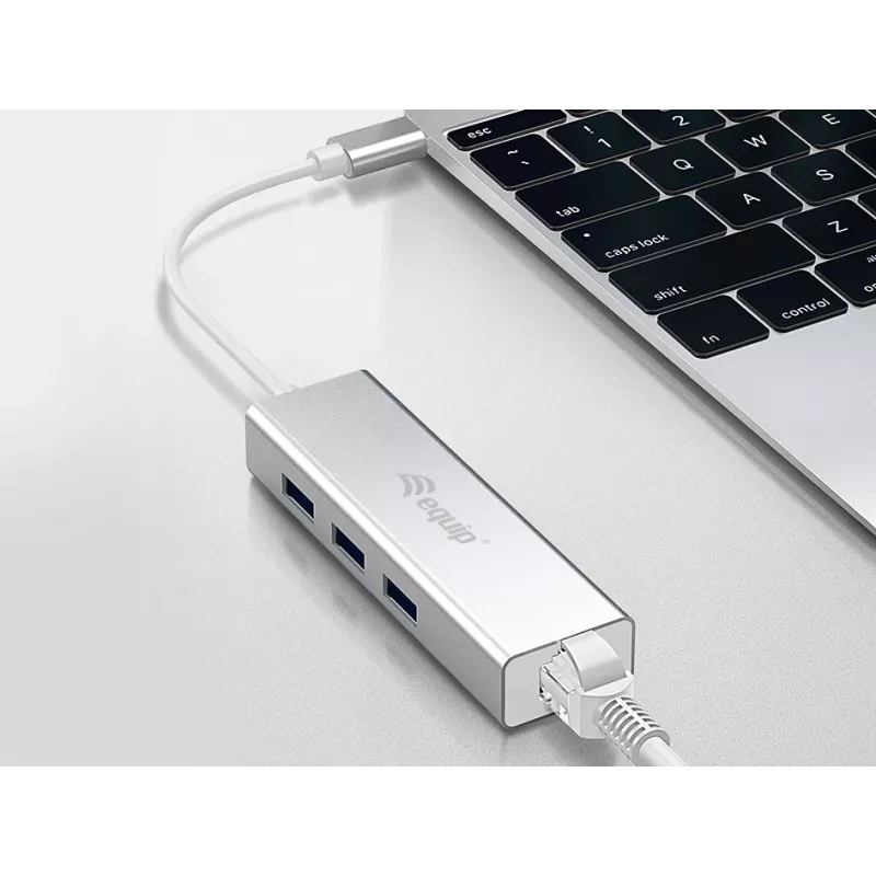 Equip USB-C į 3 prievadų USB 3.0 šakotuvas su Gigabit adapteriu, USB 3.2 Gen 1 (3.1 Gen 1) Type-C, sidabrinis, USB 3.2 Gen 1 (3.1 Gen 1) Type-A, WLAN, aliuminis, 22 mm, 15 mm