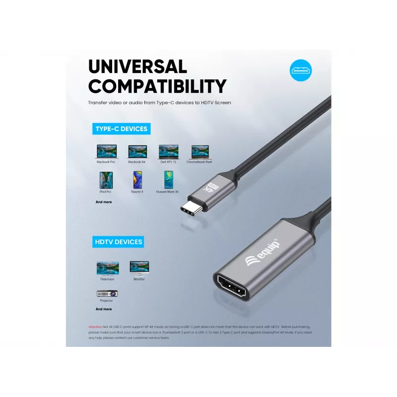 Equip USB-C į HDMI 2.0 adapteris, 4K/60Hz, 0,15 m, USB Type-C, HDMI, vyriškas, moteriškas, tiesus