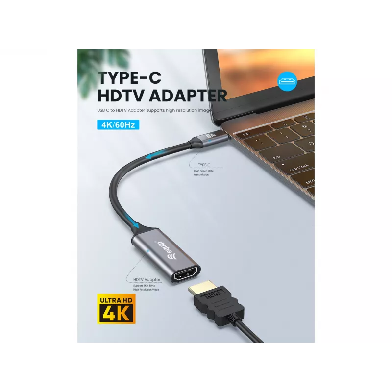 Equip USB-C į HDMI 2.0 adapteris, 4K/60Hz, 0,15 m, USB Type-C, HDMI, vyriškas, moteriškas, tiesus