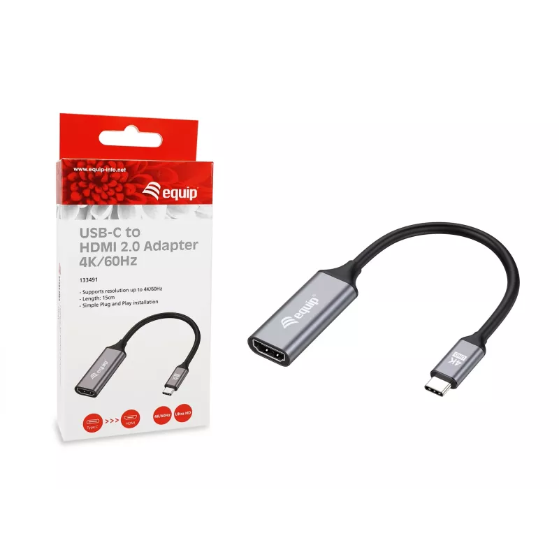 Equip USB-C į HDMI 2.0 adapteris, 4K/60Hz, 0,15 m, USB Type-C, HDMI, vyriškas, moteriškas, tiesus