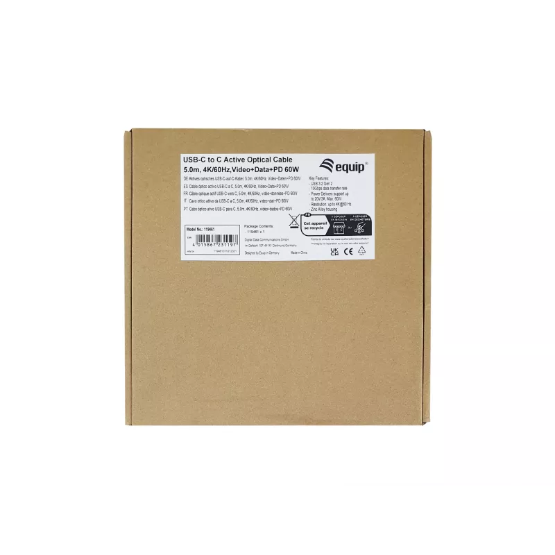 Equip USB-C į C aktyvus optinis kabelis, kištukas/kištukas, 5,0 m, PD 60 W, 4K/60 Hz, 10 Gbps, vaizdas+duomenys+PD