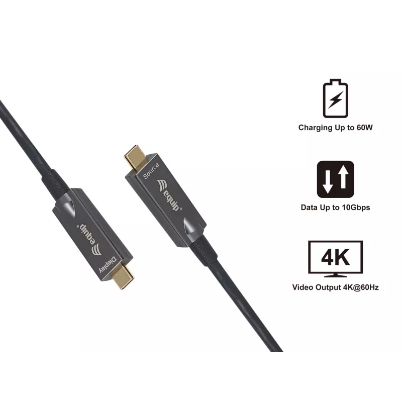 Equip aktyvus optinis USB-C į USB-C laidas, kištukas/kištukas, 15 m, PD 60 W, 4K/60 Hz, 10 Gbps, vaizdas+duomenys+PD