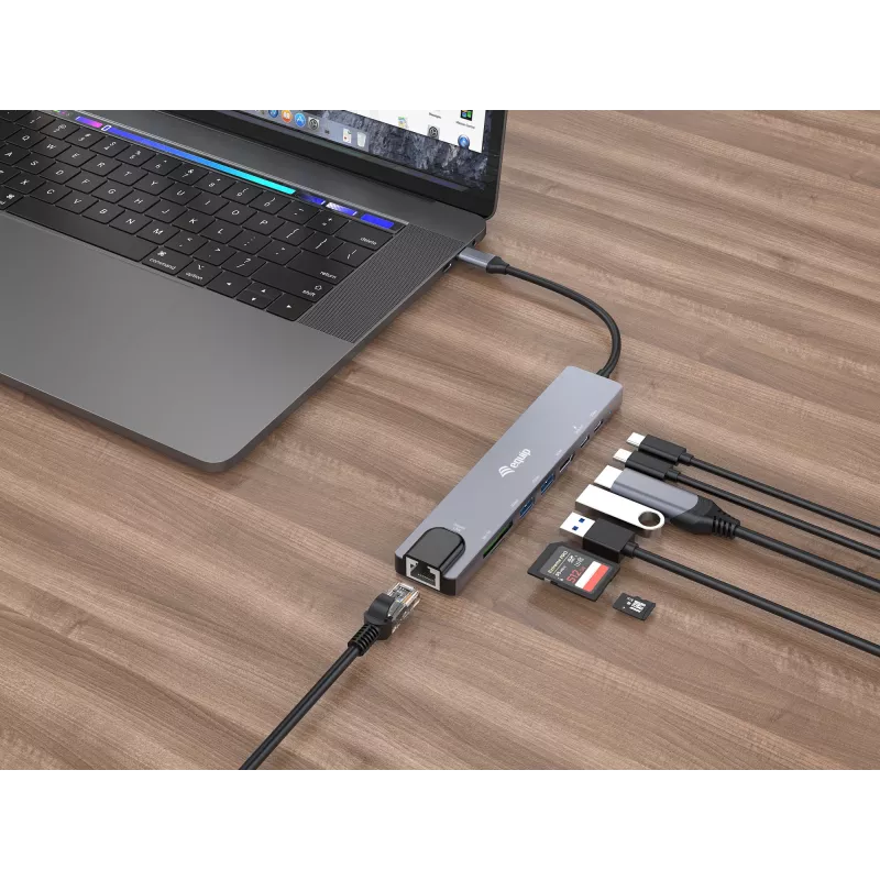 Equip USB-C 8 viename daugiafunkcis adapteris, laidinis, USB Type-C, 100 W, 1000 Mbit/s, 1000BASE-T, IEEE 802.3ab