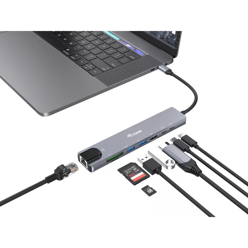 Equip USB-C 8 viename daugiafunkcis adapteris, laidinis, USB Type-C, 100 W, 1000 Mbit/s, 1000BASE-T, IEEE 802.3ab