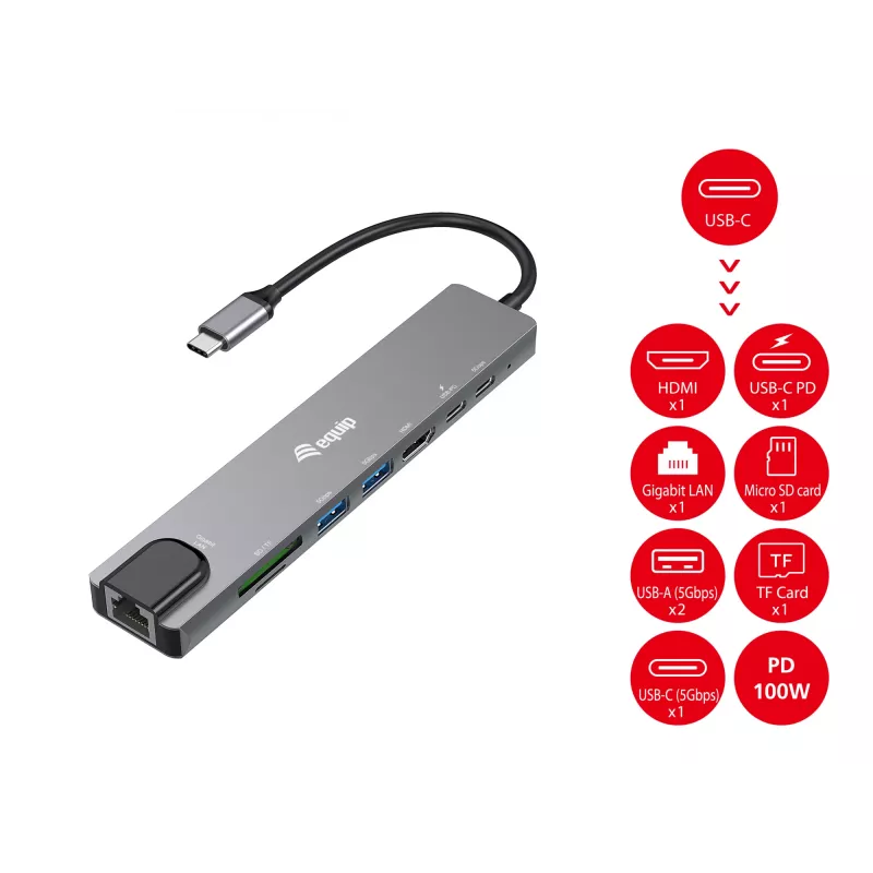 Equip USB-C 8 viename daugiafunkcis adapteris, laidinis, USB Type-C, 100 W, 1000 Mbit/s, 1000BASE-T, IEEE 802.3ab