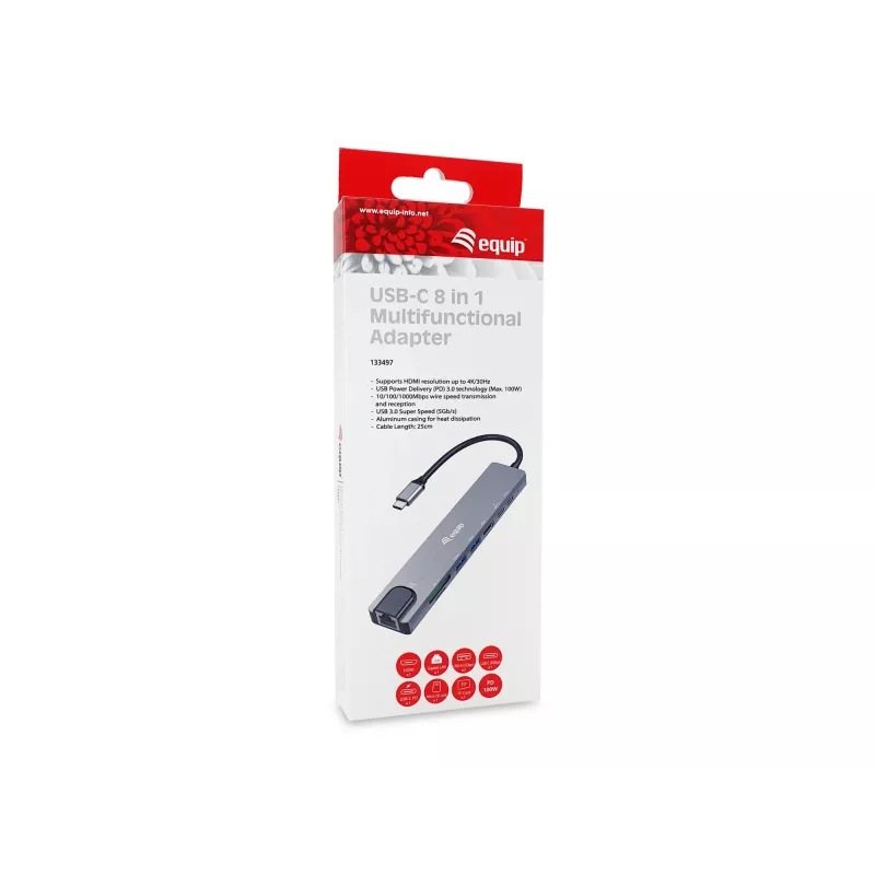Equip USB-C 8 viename daugiafunkcis adapteris, laidinis, USB Type-C, 100 W, 1000 Mbit/s, 1000BASE-T, IEEE 802.3ab