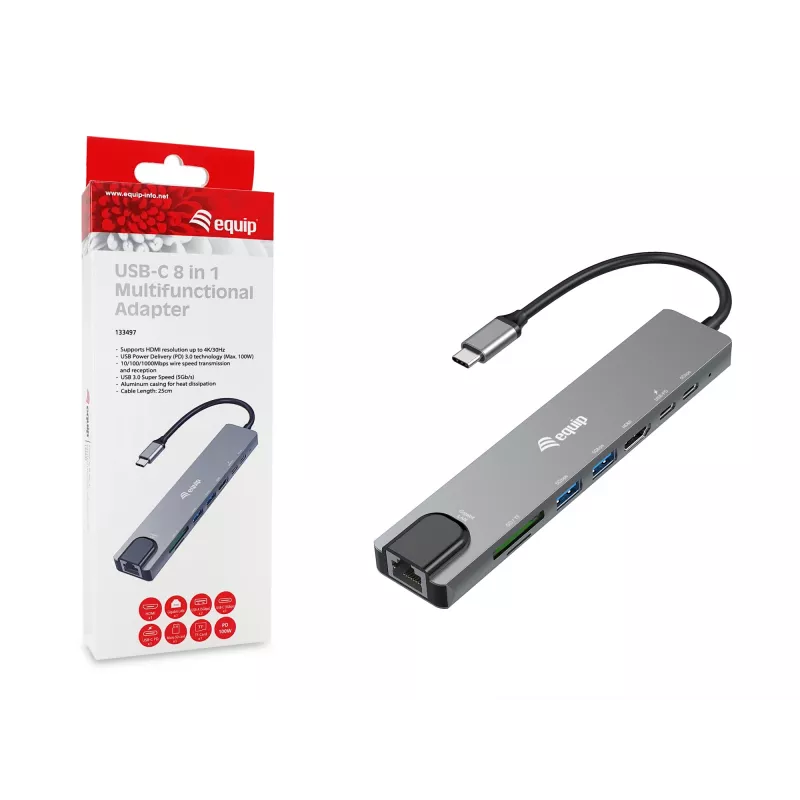 Equip USB-C 8 viename daugiafunkcis adapteris, laidinis, USB Type-C, 100 W, 1000 Mbit/s, 1000BASE-T, IEEE 802.3ab