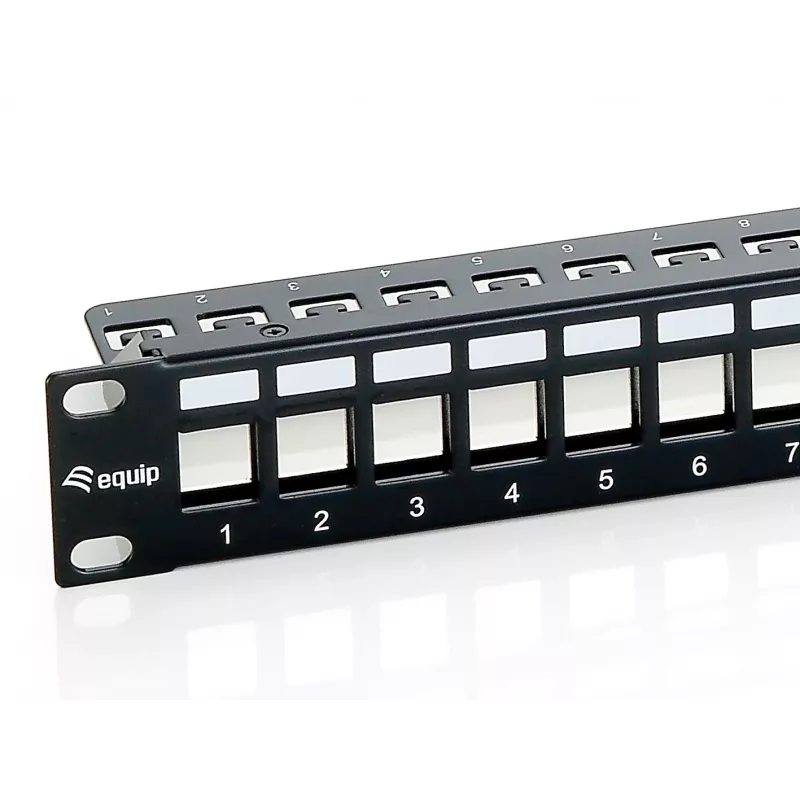 Equip 24 prievadų Keystone Cat.6 ekranuotas pataisos skydelis, juodas, Cat6, montavimas stove, 1U, juodas, 92,5 mm, 483 mm