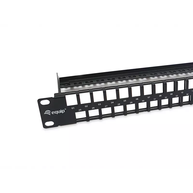 Equip 48 prievadų Keystone Cat.6 neekranuotas pataisų skydelis, juodas, RJ-45, Cat6, 1U, juodas, plienas, REACH, RoHS