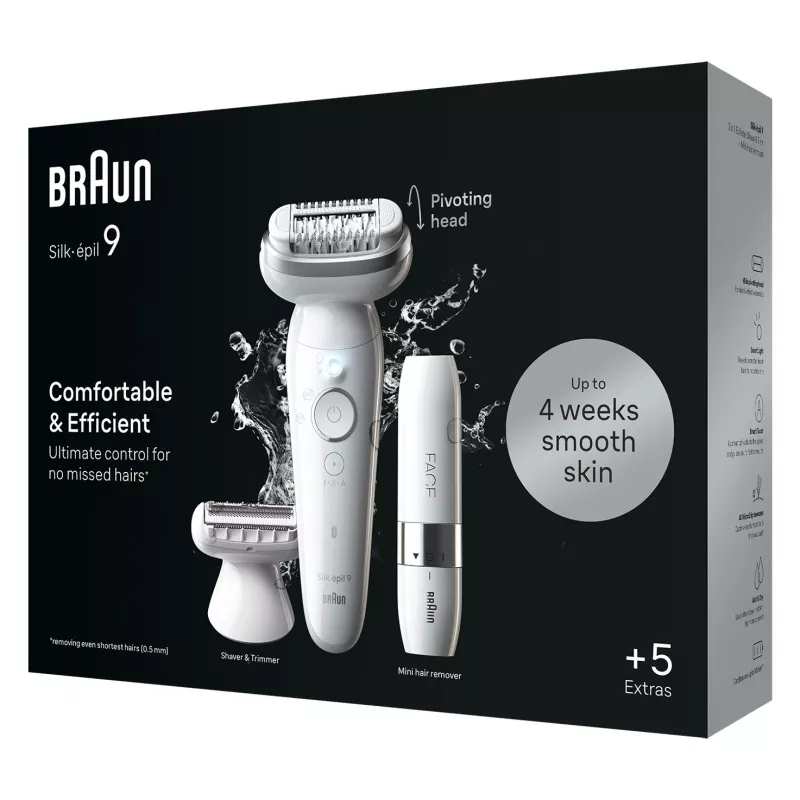 Epiliatorius BRAUN Silk-épil 9 SES9-341 — 40 pincetų, Wet & Dry, 50 min baterija, 2 greičiai, baltas