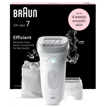 Epiliatorius BRAUN Silk-épil 7 7-041 — belaidis šlapiam ir sausam naudojimui epiliatorius su „MicroGrip“, masažu, skustuvu ir bikini kirpikliu, pilka / balta